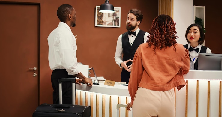 Free Photo hotel manager handing arriving visitors booking reservation file to receptionists during check in. business travelling guests being assisted by helpful concierge staff coworkers inside reception lobby