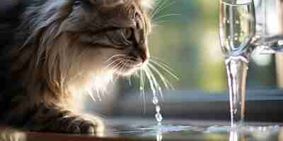 Free photo a house cat drinks from a unique water dispenser