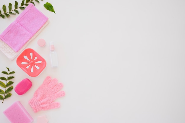 House cleaning tools on white table