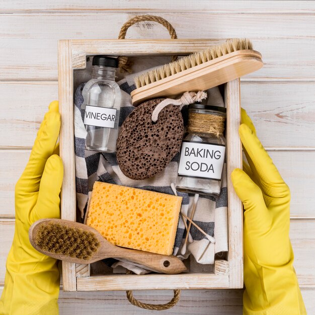 House eco cleaners in a wooden basket