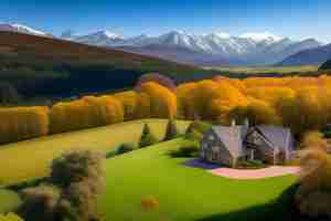 Free photo a house in a field with mountains in the background