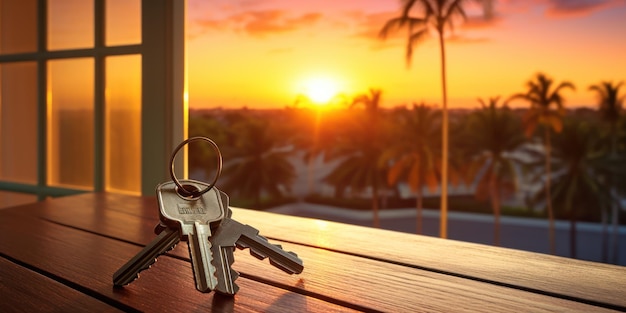 Free photo house keys bask in the warm sunset glow on a balcony overlooking a palmlined vista