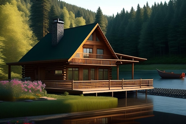 A house on a lake with a green roof and a wooden deck.