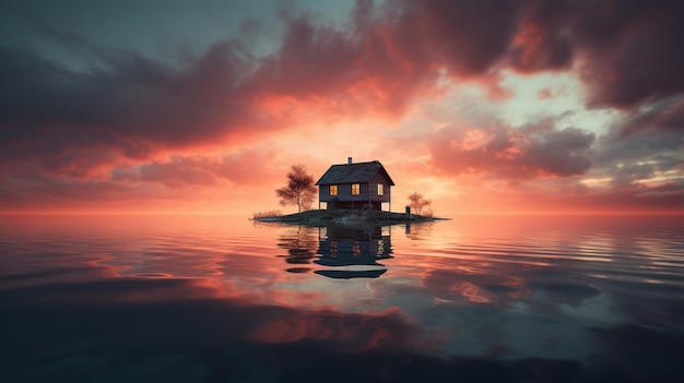 Free photo a house in the middle of a lake at sunset