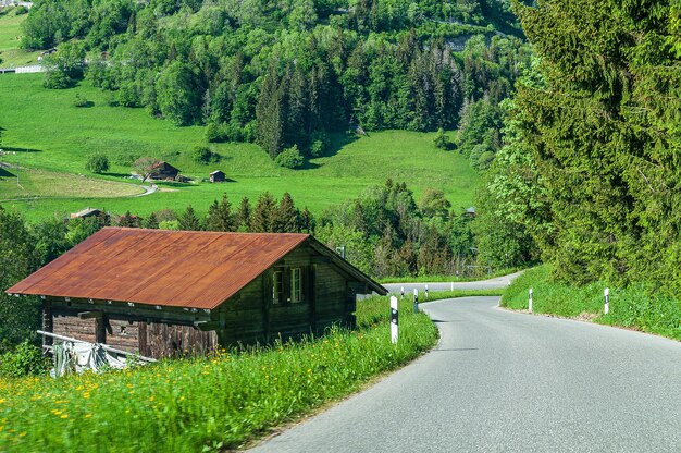 スイス、スイスアルプスのルセペイ地方の道路に隣接する家