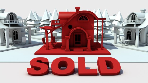 House sold in red differentiated from the rest in white real estate concept 3d image