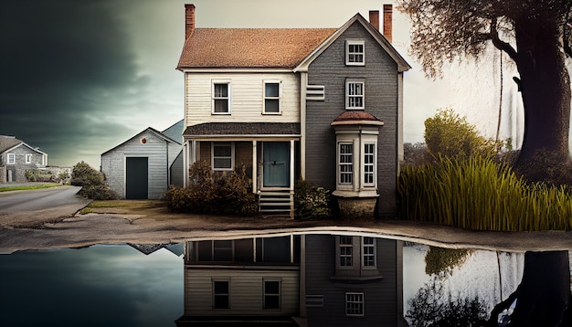 A house with a blue roof and a blue roof