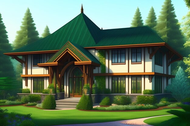 Дом с зеленой крышей и зеленой крышей