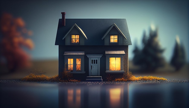 A house with a lit up window and a dark background.