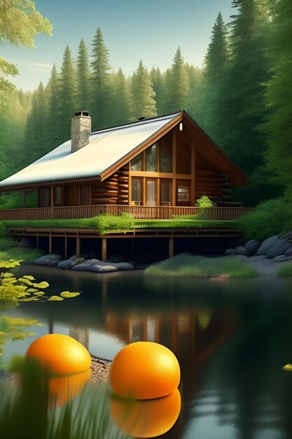 흰색 지붕과 현관에 오렌지가 있는 나무 현관이 있는 집.