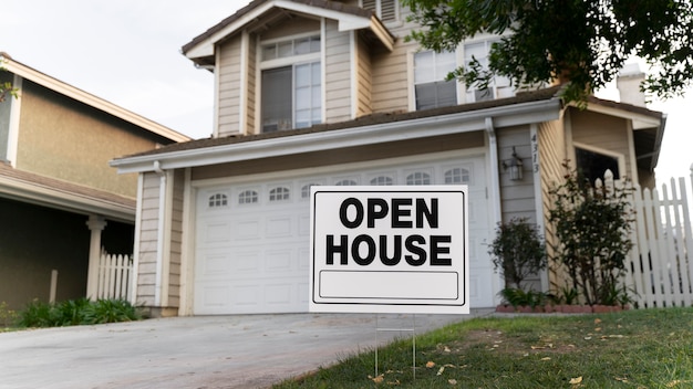 House with yard sign for open house