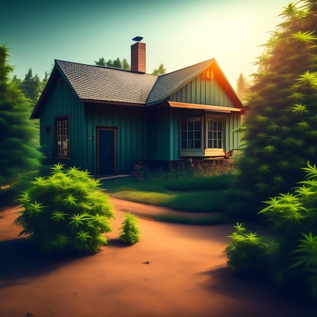 A house in the woods with the sun shining on the roof