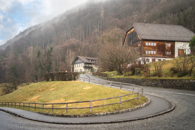 Foto gratuita case su una montagna con una strada tortuosa con alberi