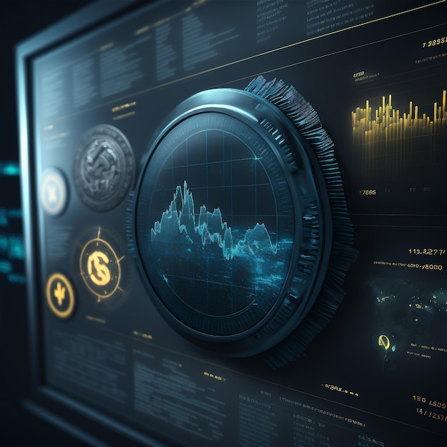 Hud user interface technology for spaceship or virtual reality game with infographic chart and navigation button