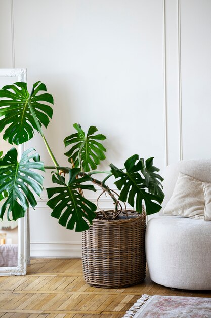 Huge potted monstera plant in room