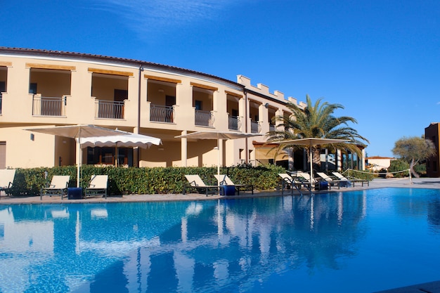 Huge swimming pool near the hotel in a resort in San Teodoro, Sardinia