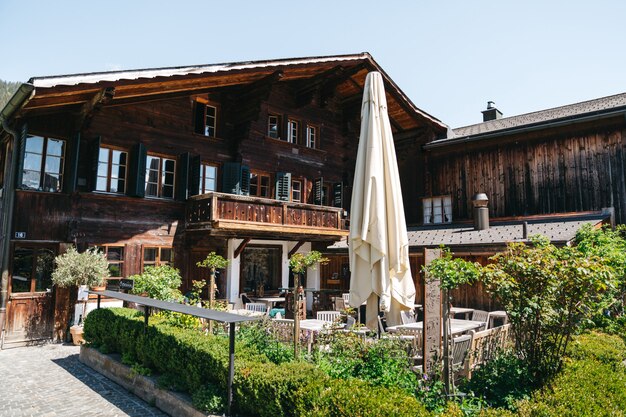 Huge swiss hotel with outdoor restaurant