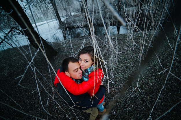 Hugged couple seen among the branches of a tree