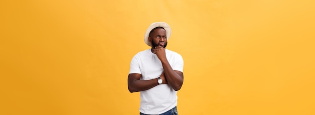 Human face expressions emotions and feelings handsome young african american man looking up with tho