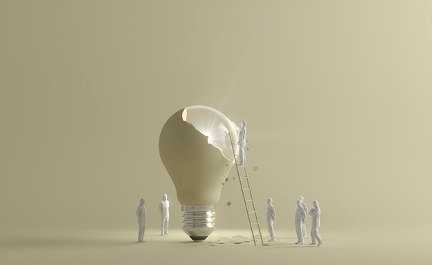 Human figurines using ladder to reach cracked lit lightbulb as an idea concept