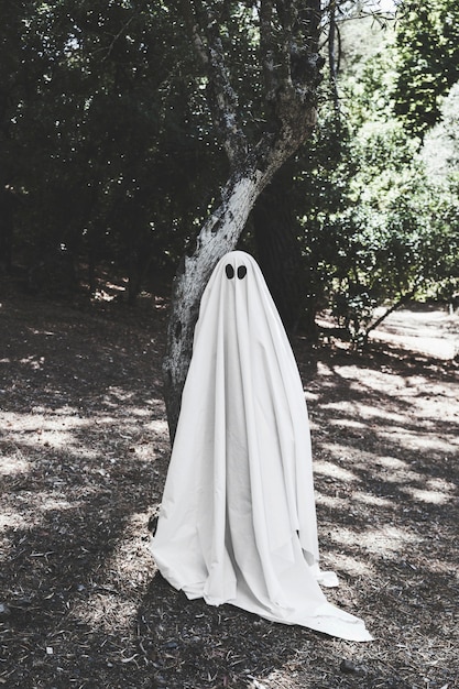 Human in ghost costume near tree in forest