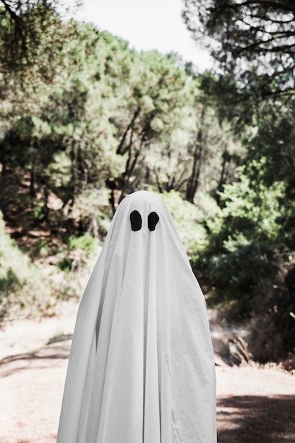 Human in ghost costume standing in forest