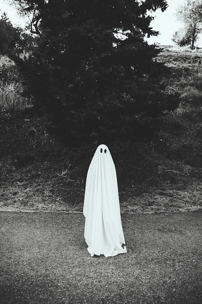 Human in ghost costume standing on road