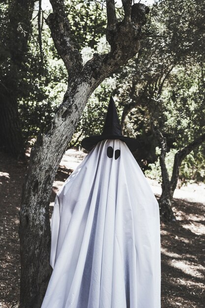 Human in ghost costume and wizard hat near tree in forest 