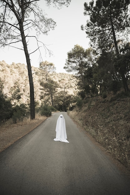 Human in ghost suit standing on countryside route