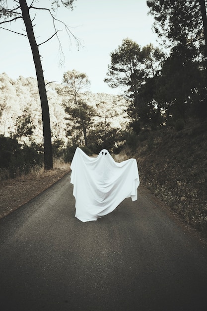 Human in ghost suit upping hands on countryside route