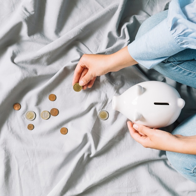 Free photo human hand holding coins and piggybank