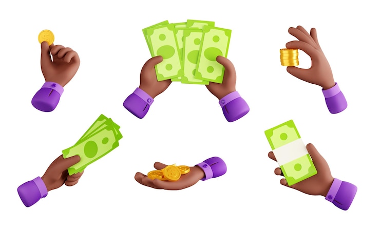 Free Photo human hand holding gold coins and paper cash money