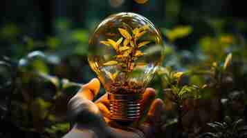 Free photo human hand holding light bulb with green plant inside ecology and environmental concept