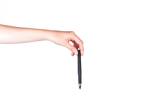 Human hand holding pen on white background