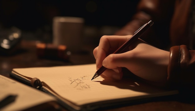 Бесплатное фото Человеческая рука держит карандаш на бумаге, созданной ии