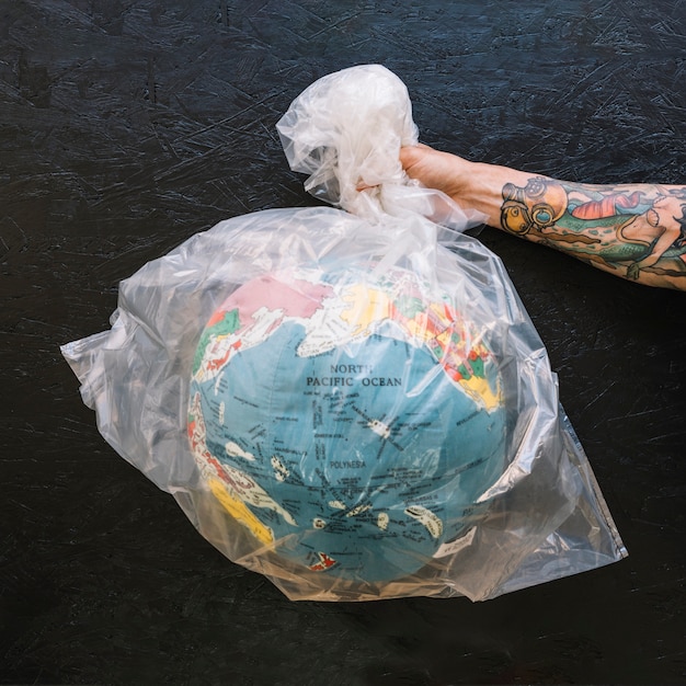 Human hand holding plastic bag with globe
