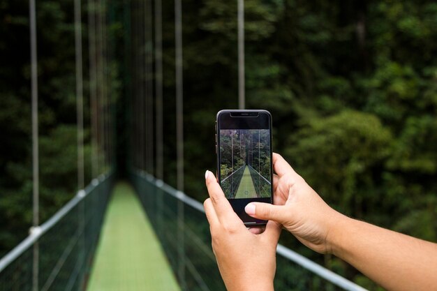 Human hand taking picture of suspension bridge on cellphone in rainforest at costa rica