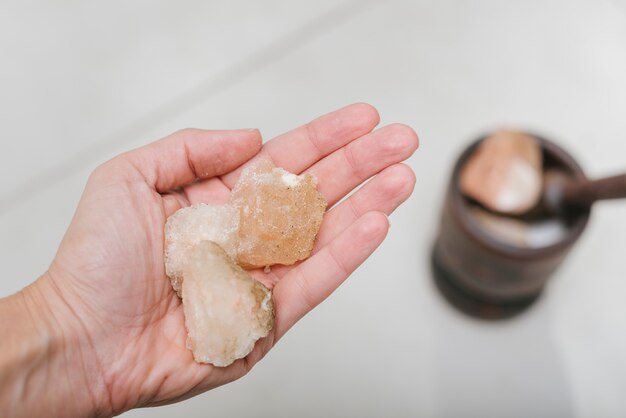 Human hand with himalayan salt