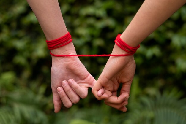 Human hands connected with red thread