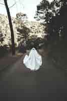 Бесплатное фото Человек в призрачном костюме, левитирующий по сельской дороге