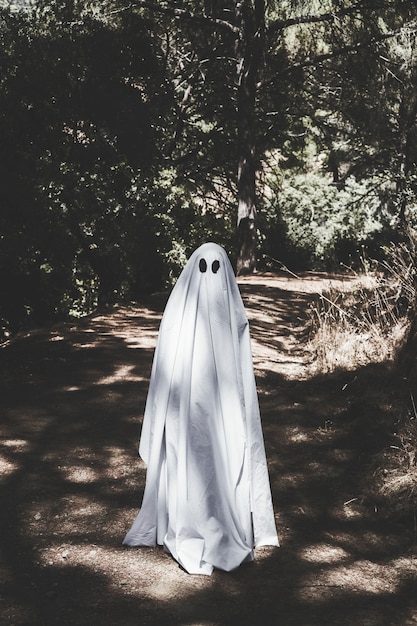 Human in phantom clothes standing on walkway in park