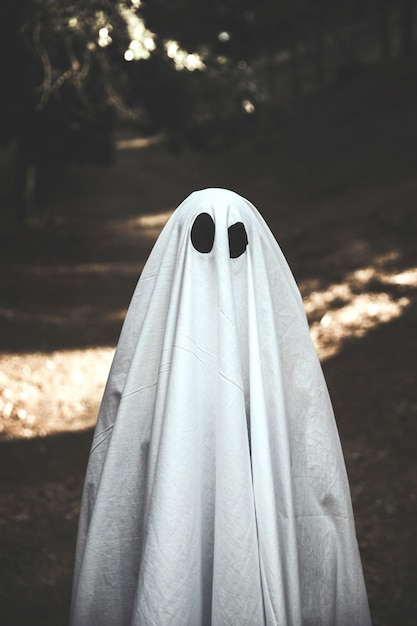 Foto gratuita umano in costume fantasma in piedi sul percorso a piedi nel parco