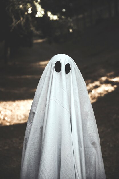 Human in phantom costume standing on walking path in park
