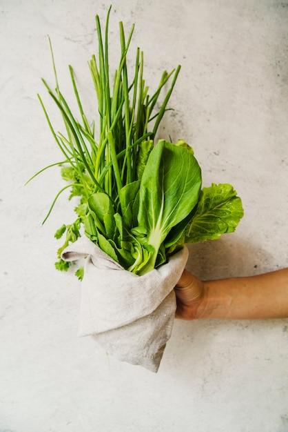 Human's hand showing green vegetable wrapped in cloth