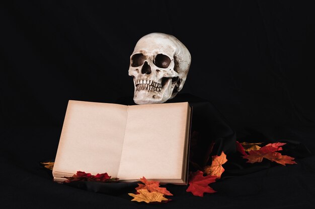 Human skull with book on black background