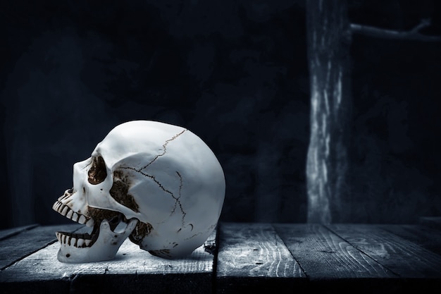Human skull on wooden table with the dark background