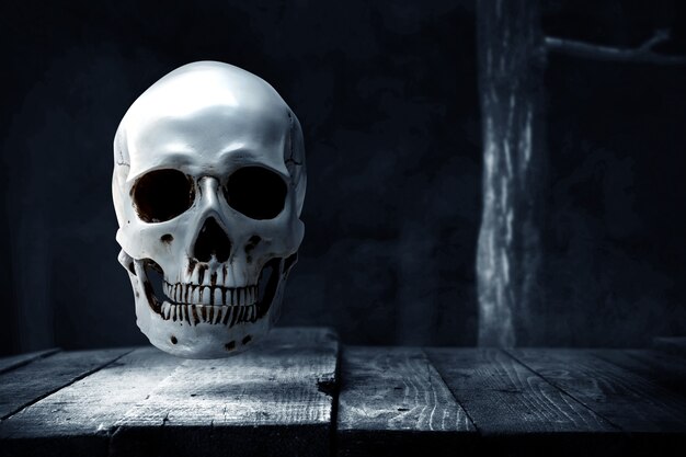 Человеческий череп на деревянном столе с темным фоном