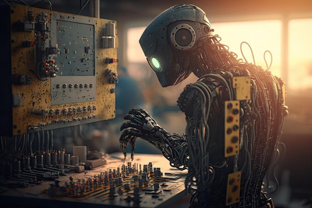Free Photo | Humanoid robot working with a machine in a factory Ai