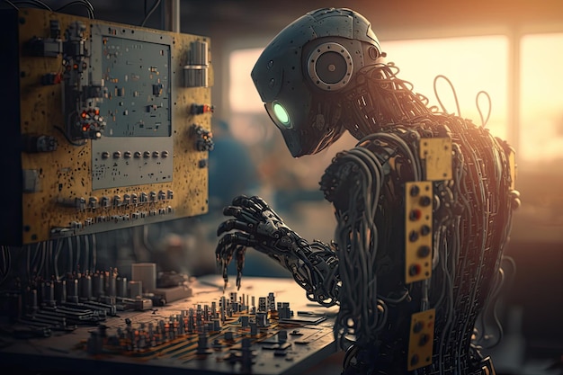 Гуманоидный робот, работающий с машиной на заводе по производству искусственного интеллекта