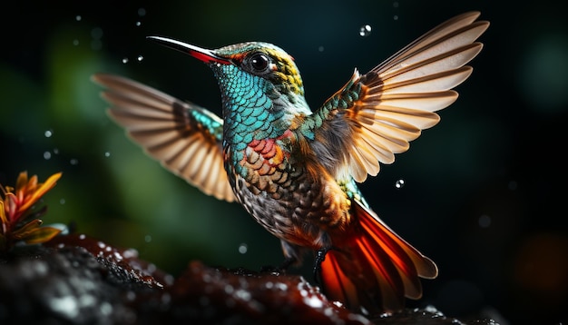 虹色の羽を飛ぶハチドリの鮮やかな色、人工知能によって生成された自然の美しさ